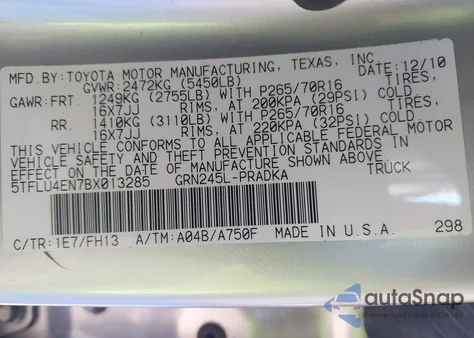 2011 Toyota Tacoma Base V6 из США, поврежденный, VIN 5TFLU4EN7BX013285